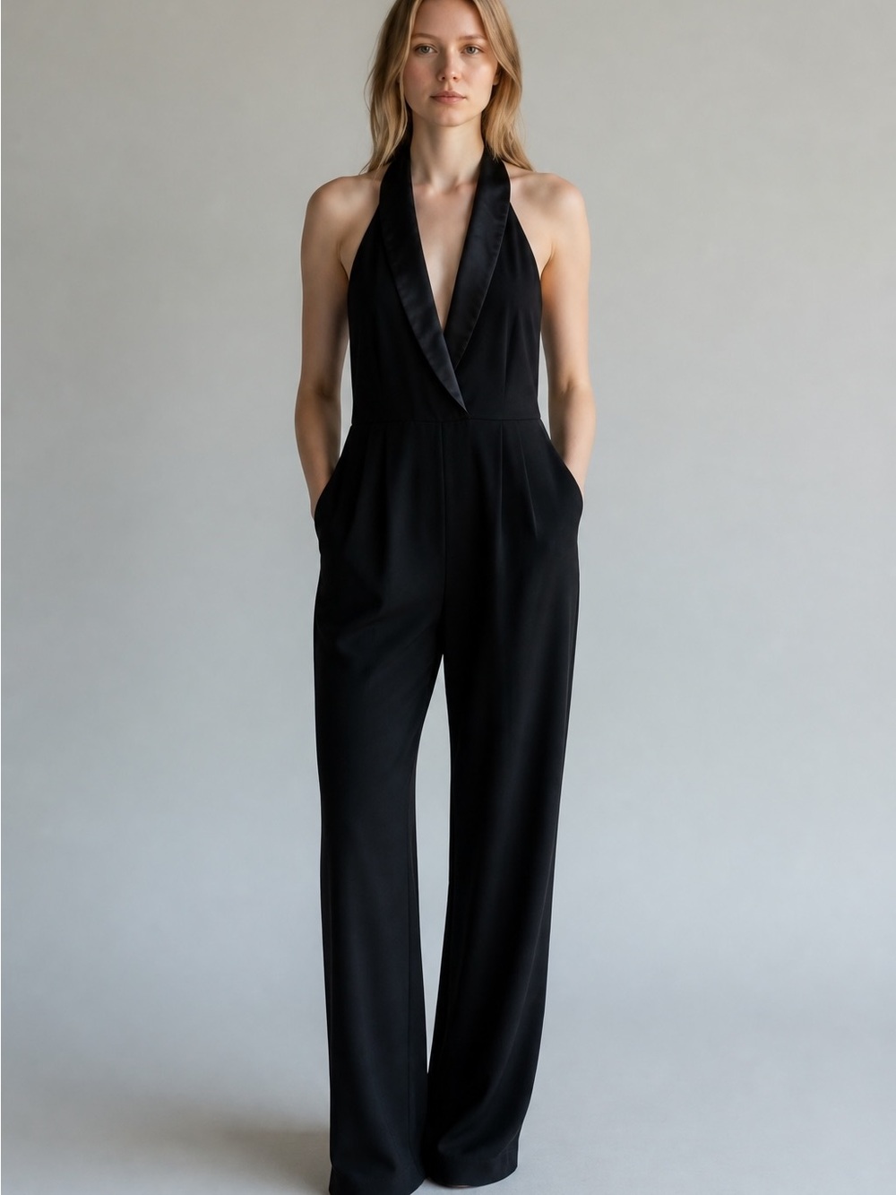 257 Charlotte Russe Black Halter Satin-Trim Jumpsuit